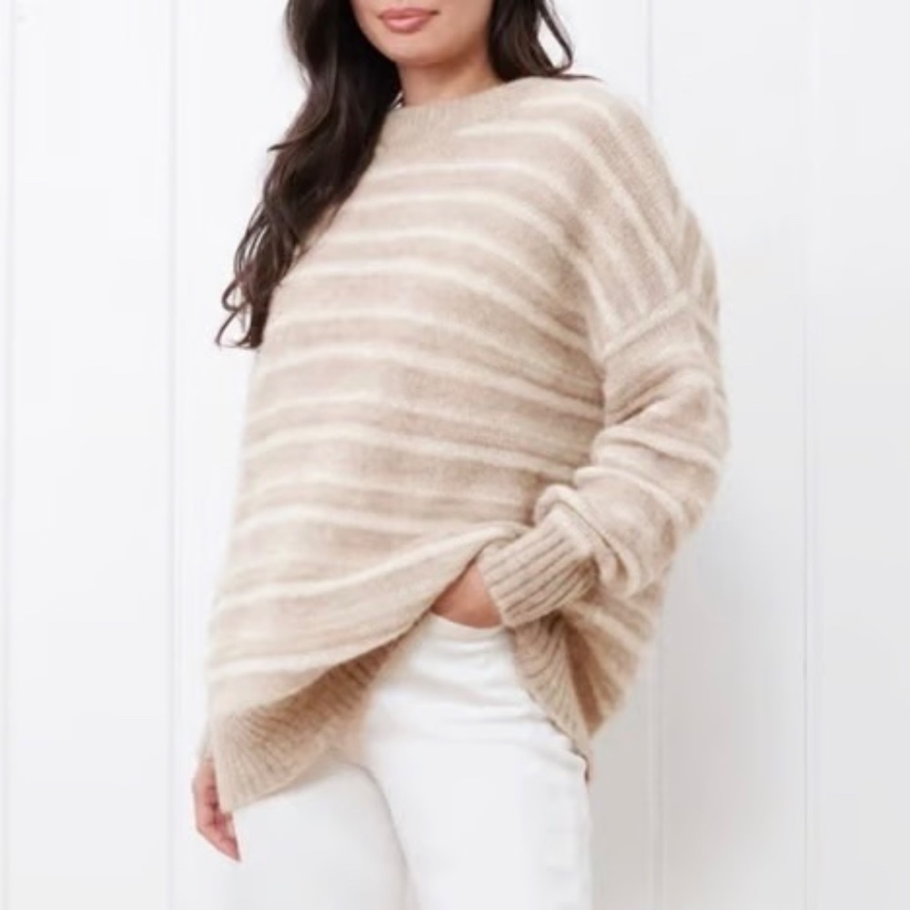 Jenni Kayne Beige and Cream Striped Cozy Sweater